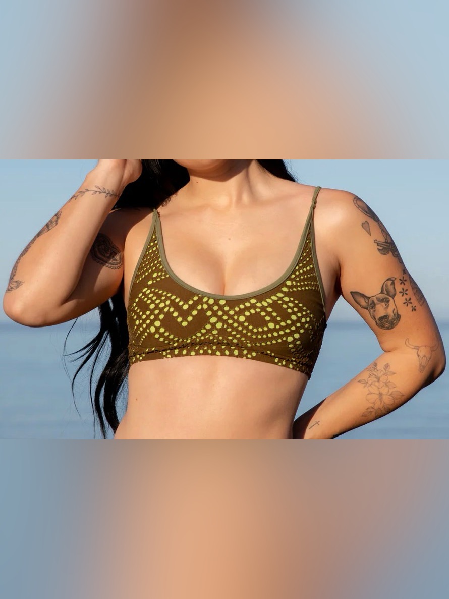 Seea Olive Green Bikini Top With Lime Dot Print, Never Worn